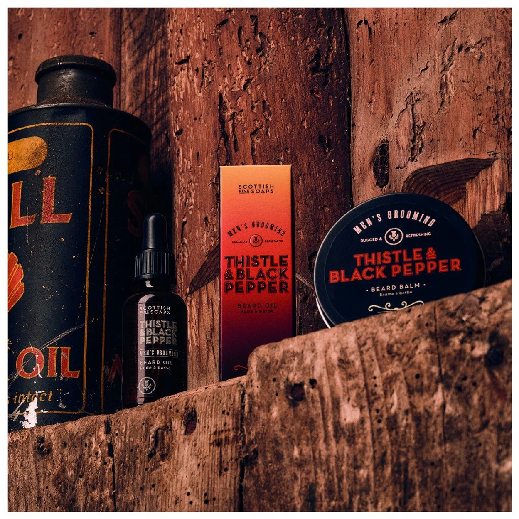 Olej na bradu Scottish Fine Soaps 30 ml – čierne korenie, ostropestrec a jojobový olej