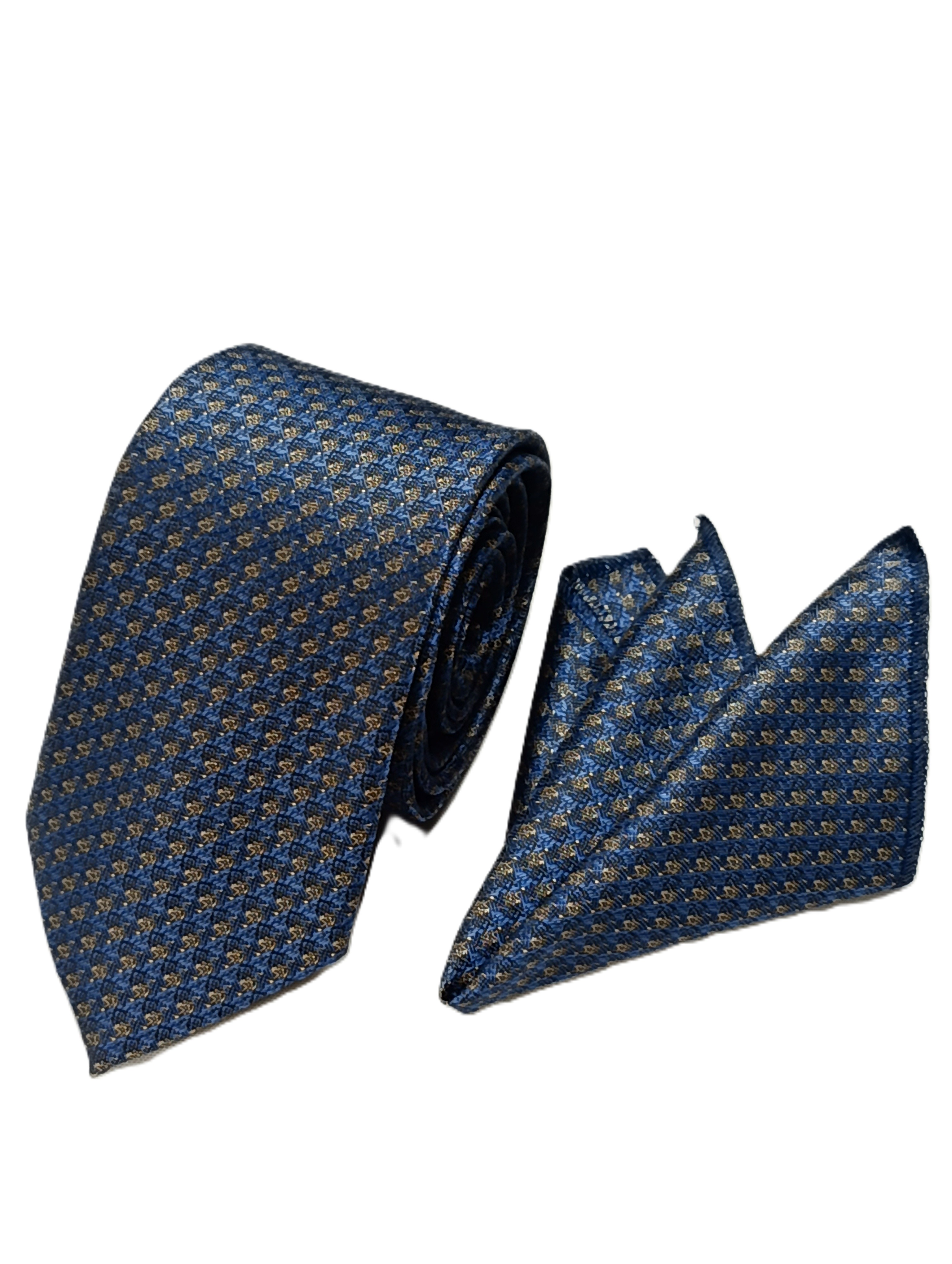 Pánska kravata s vreckovkou z mikrovlákna – detailný vzor v modro-zlatom prevedení