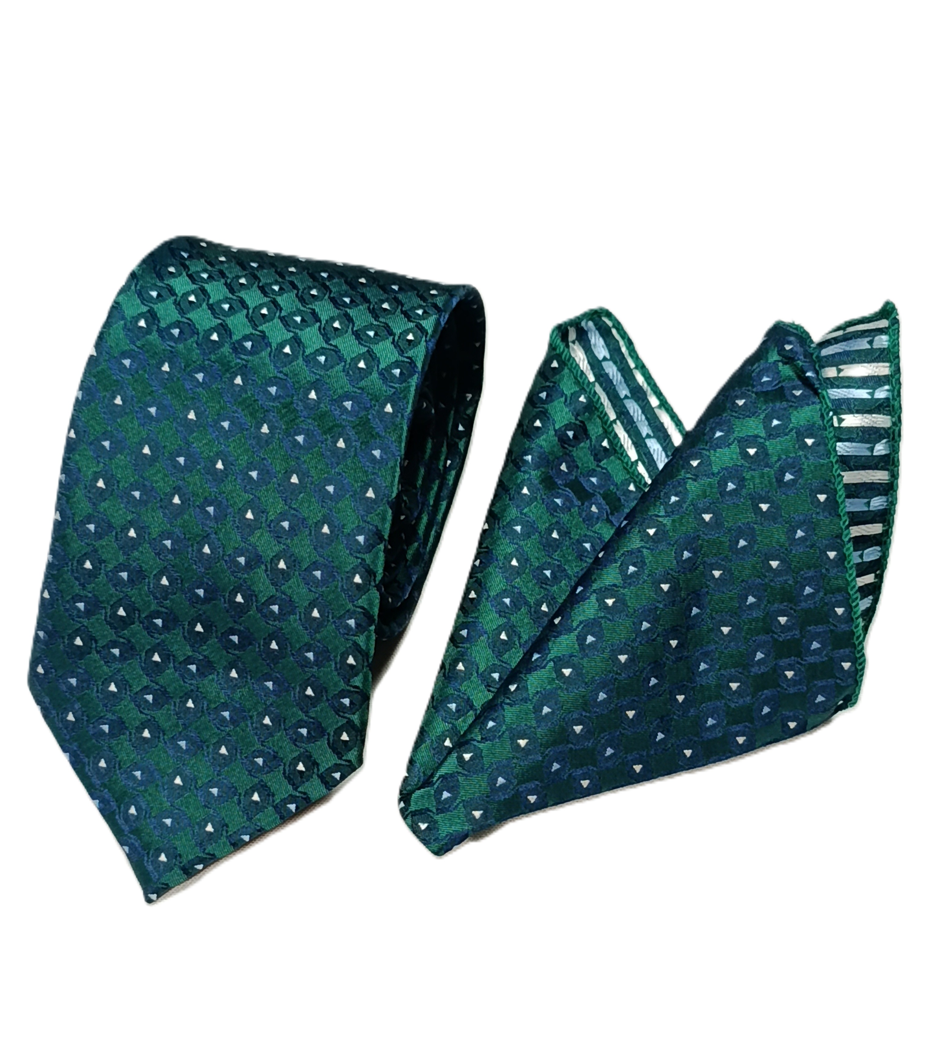 Pánska zeleno-modrá kravata s vreckovkou – elegantný set z mikrovlákna s výrazným vzorom do obleku